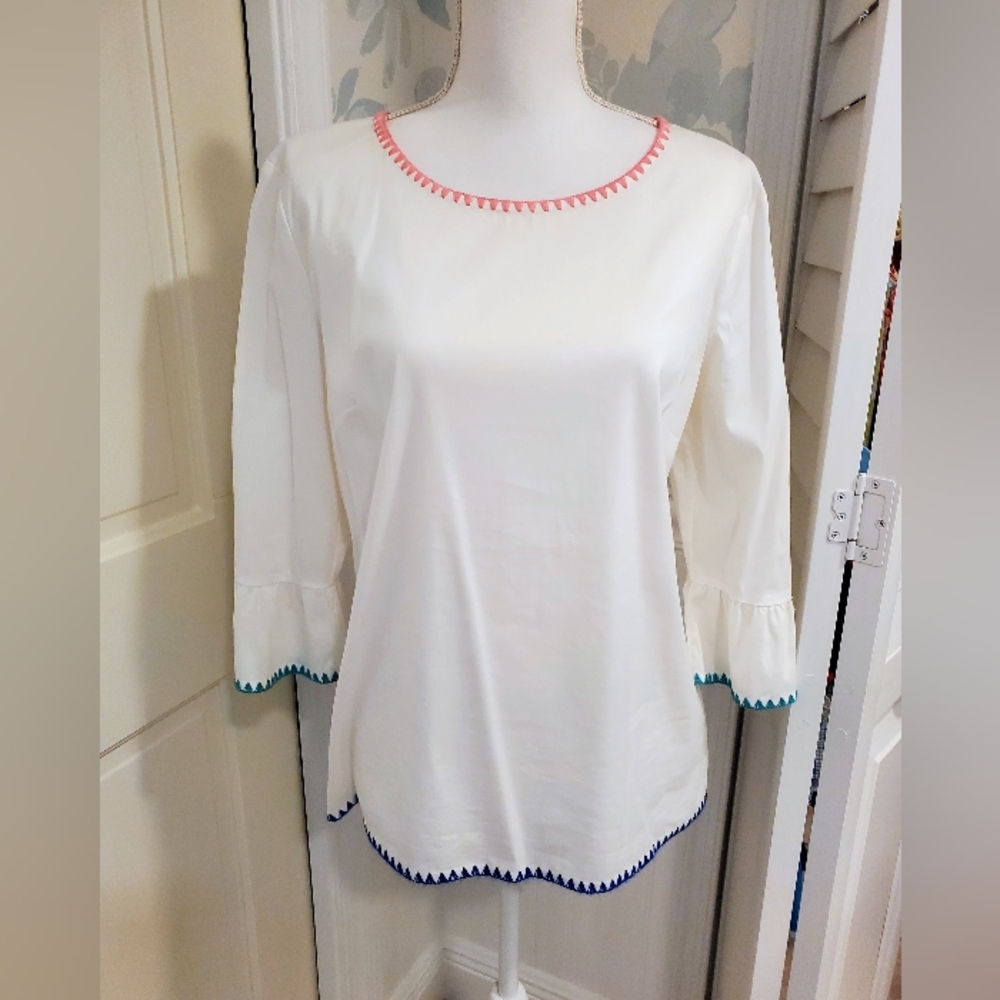 Talbots White Blouse with Colorful Trim and 3/4 Bell Sleeves, Medium